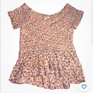 Patrons of Peace Pink Floral Smocked Short Sleeve Crop Top, Size Medium